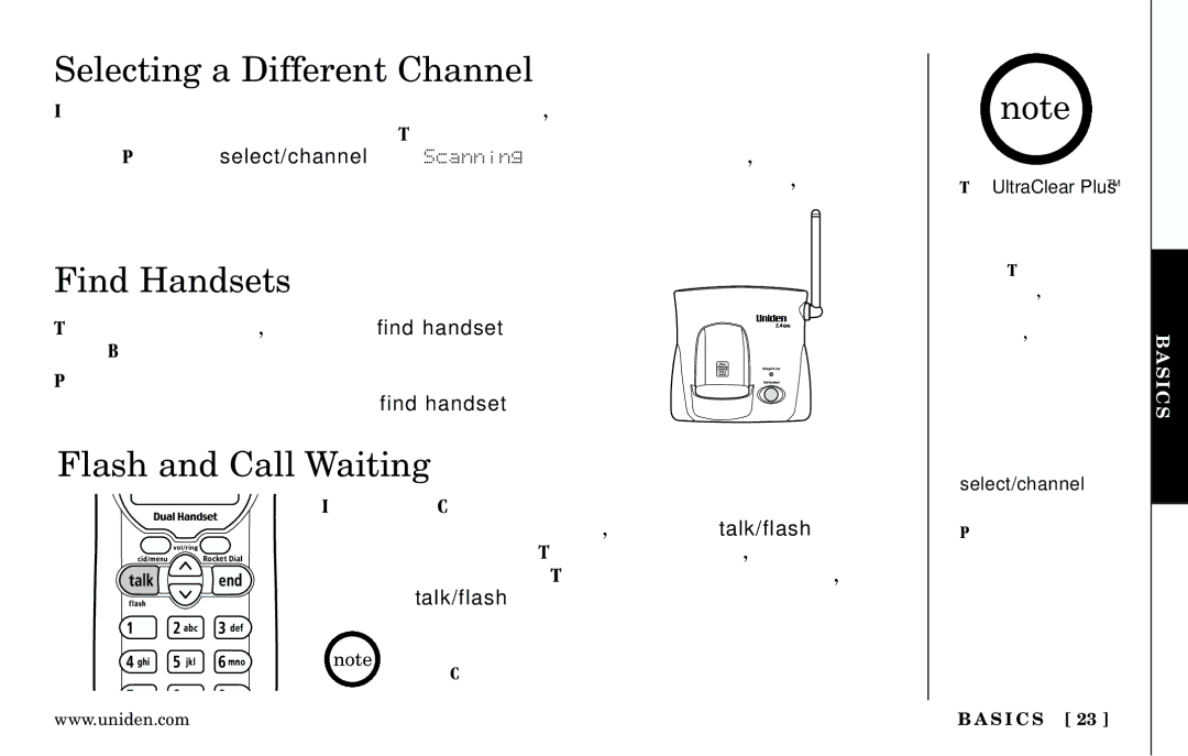 Uniden Answering Machine manual Selecting a Different Channel, Find Handsets, Flash and Call Waiting 