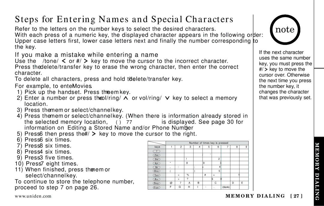 Uniden Answering Machine Steps for Entering Names and Special Characters, If you make a mistake while entering a name 