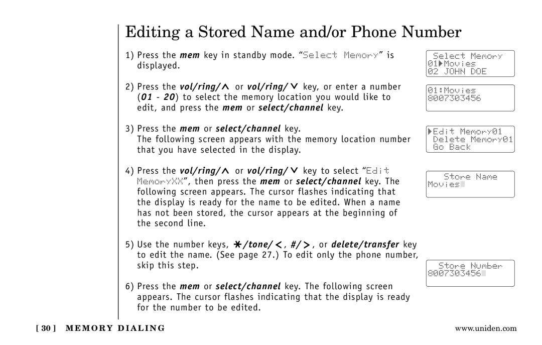 Uniden Answering Machine manual Editing a Stored Name and/or Phone Number 