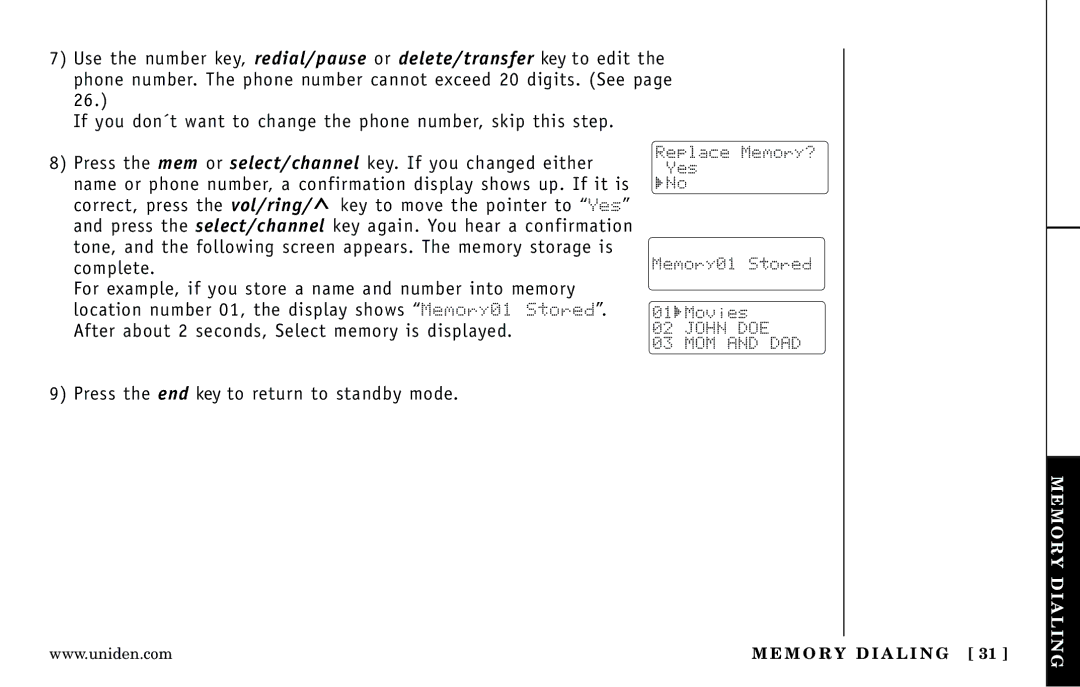Uniden Answering Machine manual Replace Memory? Yes Memory01 Stored Movies 