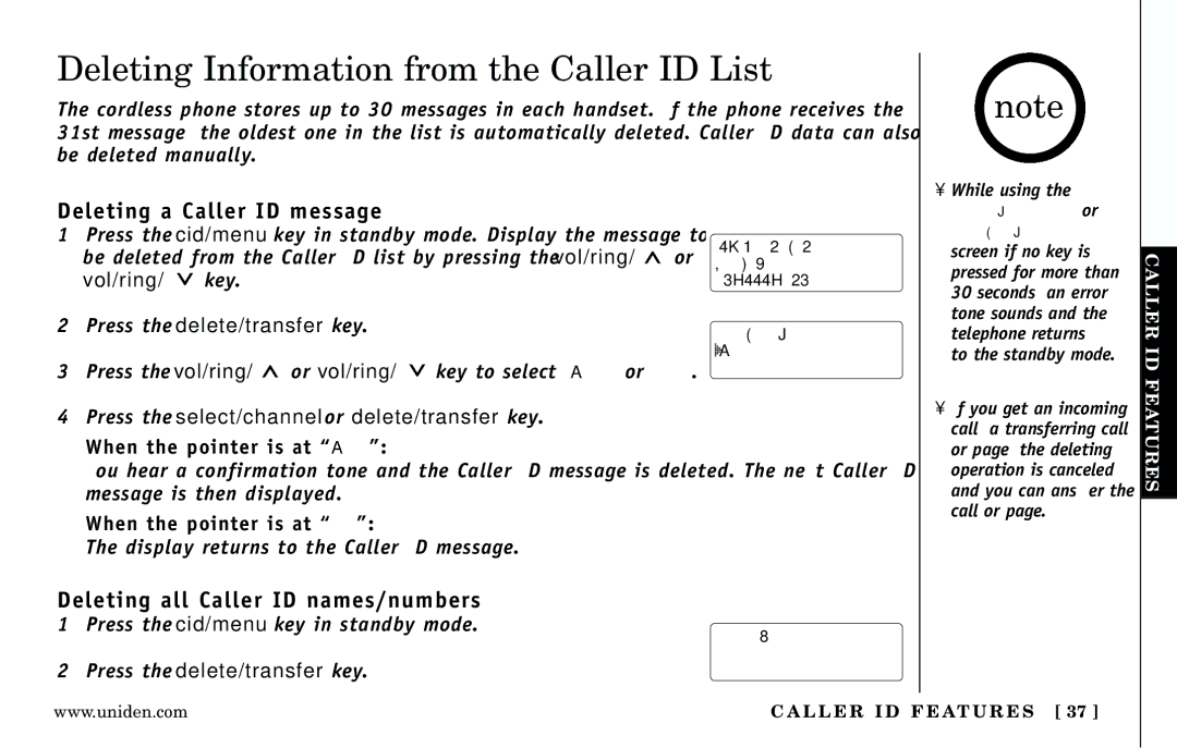 Uniden Answering Machine manual Deleting Information from the Caller ID List, Deleting a Caller ID message 