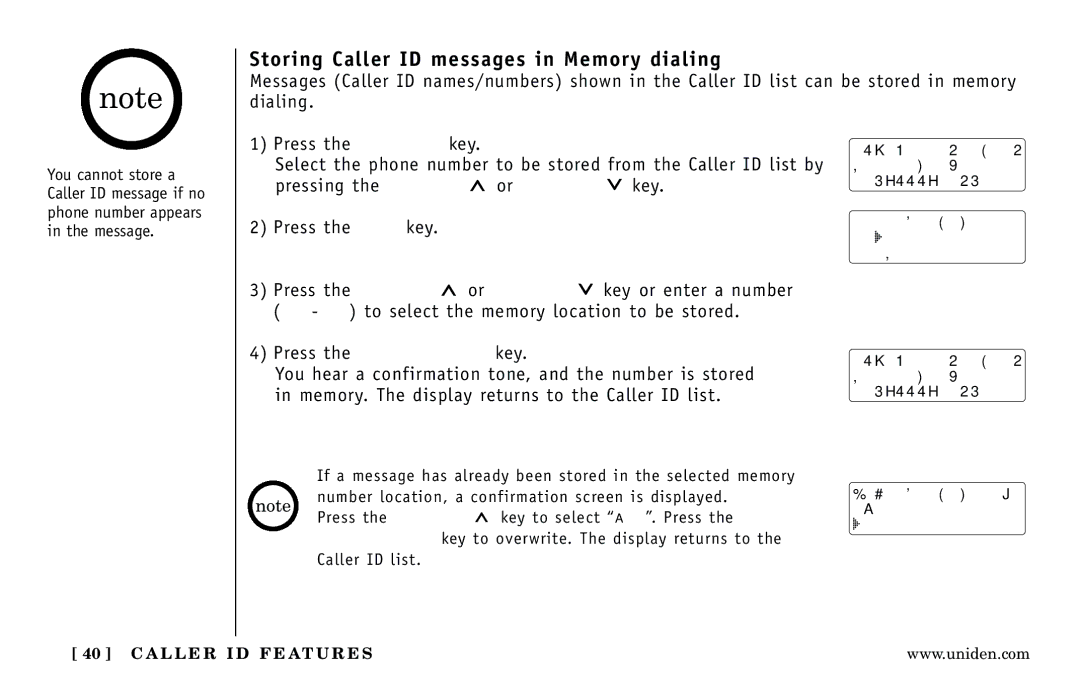 Uniden Answering Machine manual Storing Caller ID messages in Memory dialing 