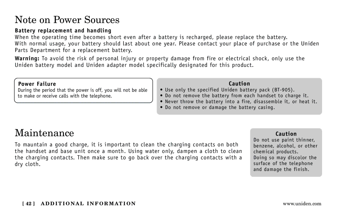 Uniden Answering Machine manual Maintenance, Battery replacement and handling, Power Failure 