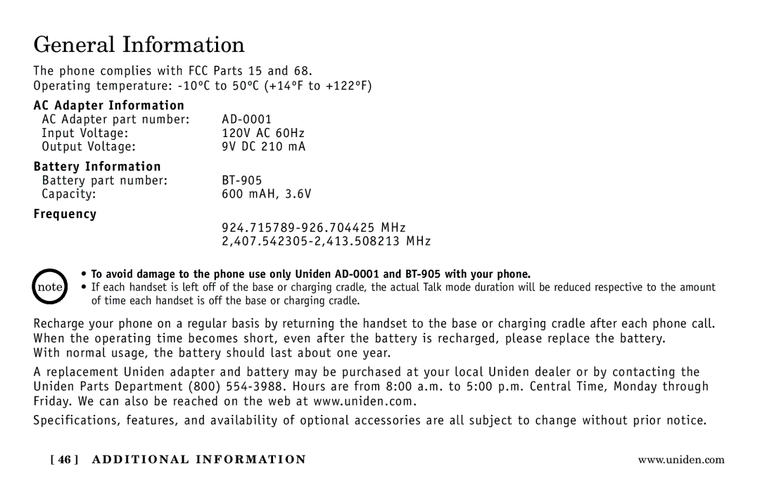 Uniden Answering Machine manual General Information, AC Adapter Information, Battery Information, Frequency 