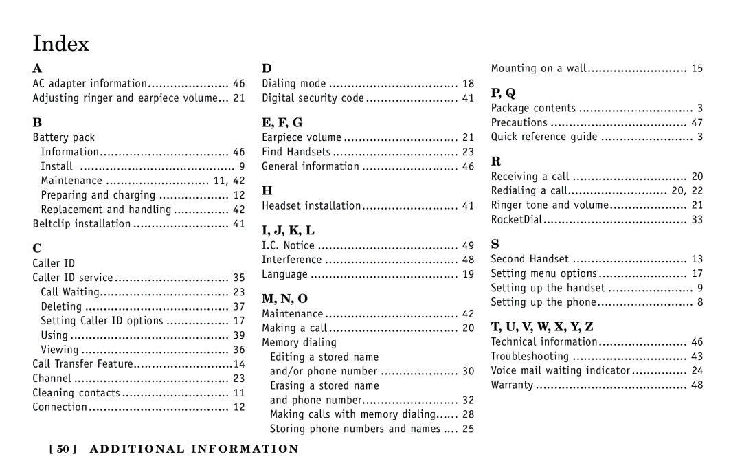 Uniden Answering Machine manual Index, K, L 