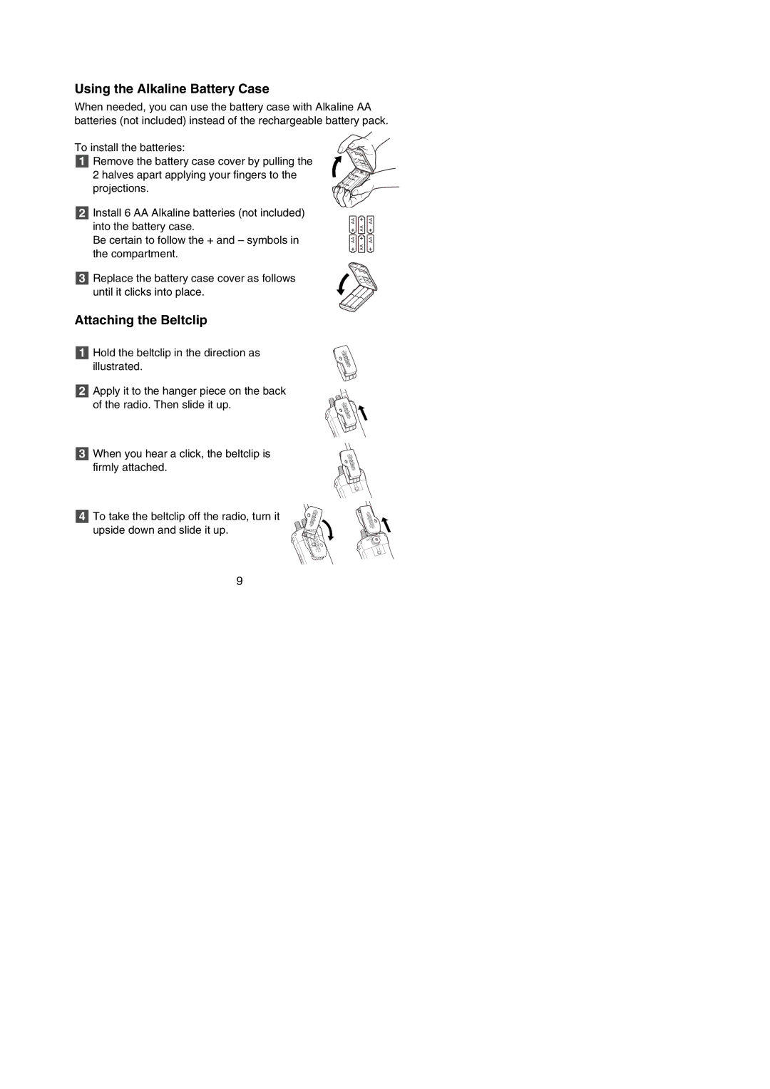 Uniden ATLANTIS 250 manual Using the Alkaline Battery Case, Attaching the Beltclip 