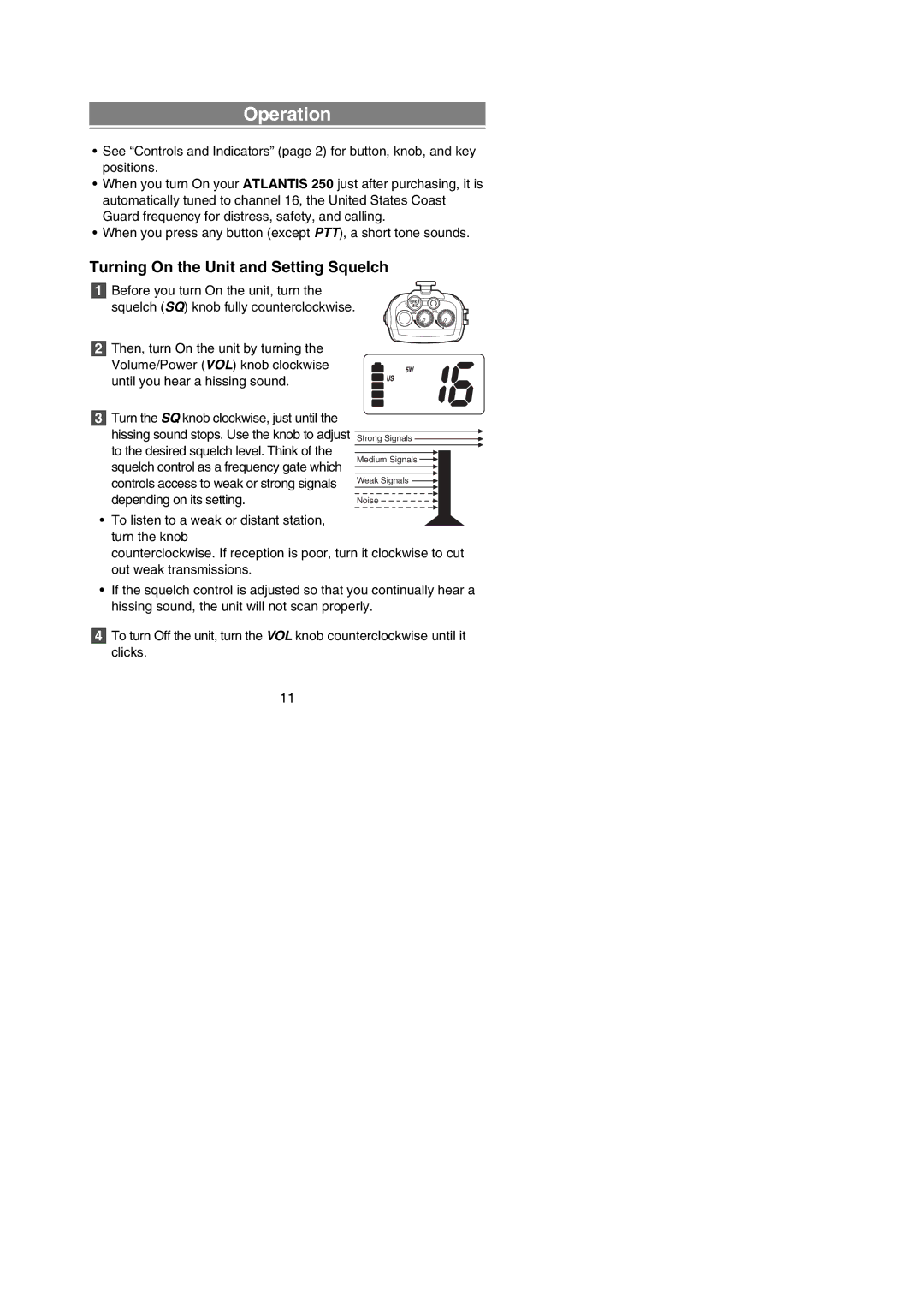 Uniden ATLANTIS 250 manual Operation, Turning On the Unit and Setting Squelch 