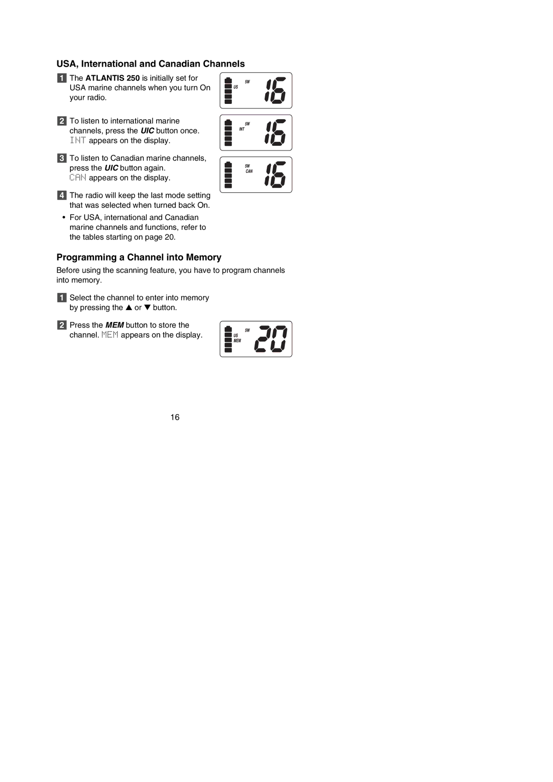 Uniden ATLANTIS 250 manual USA, International and Canadian Channels, Programming a Channel into Memory 