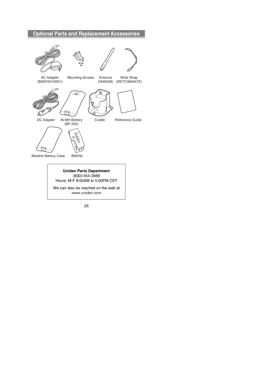 Uniden ATLANTIS 250 manual Optional Parts and Replacement Accessories 