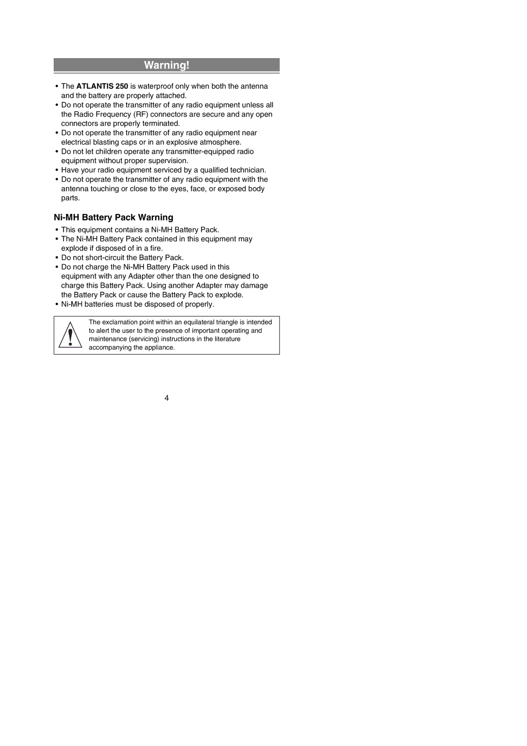 Uniden ATLANTIS 250 manual Ni-MH Battery Pack Warning 