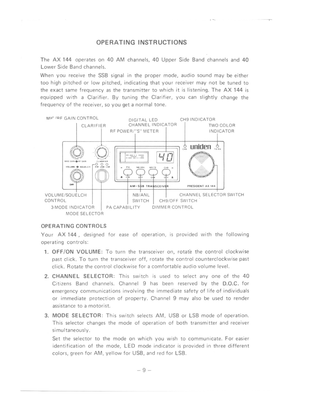 Uniden AX 144 owner manual Operating Instructions, uniden 