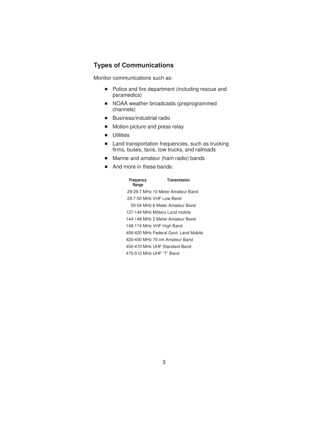 Uniden BC 235XLT specifications Types of Communications, FrequencyTransmission Range 