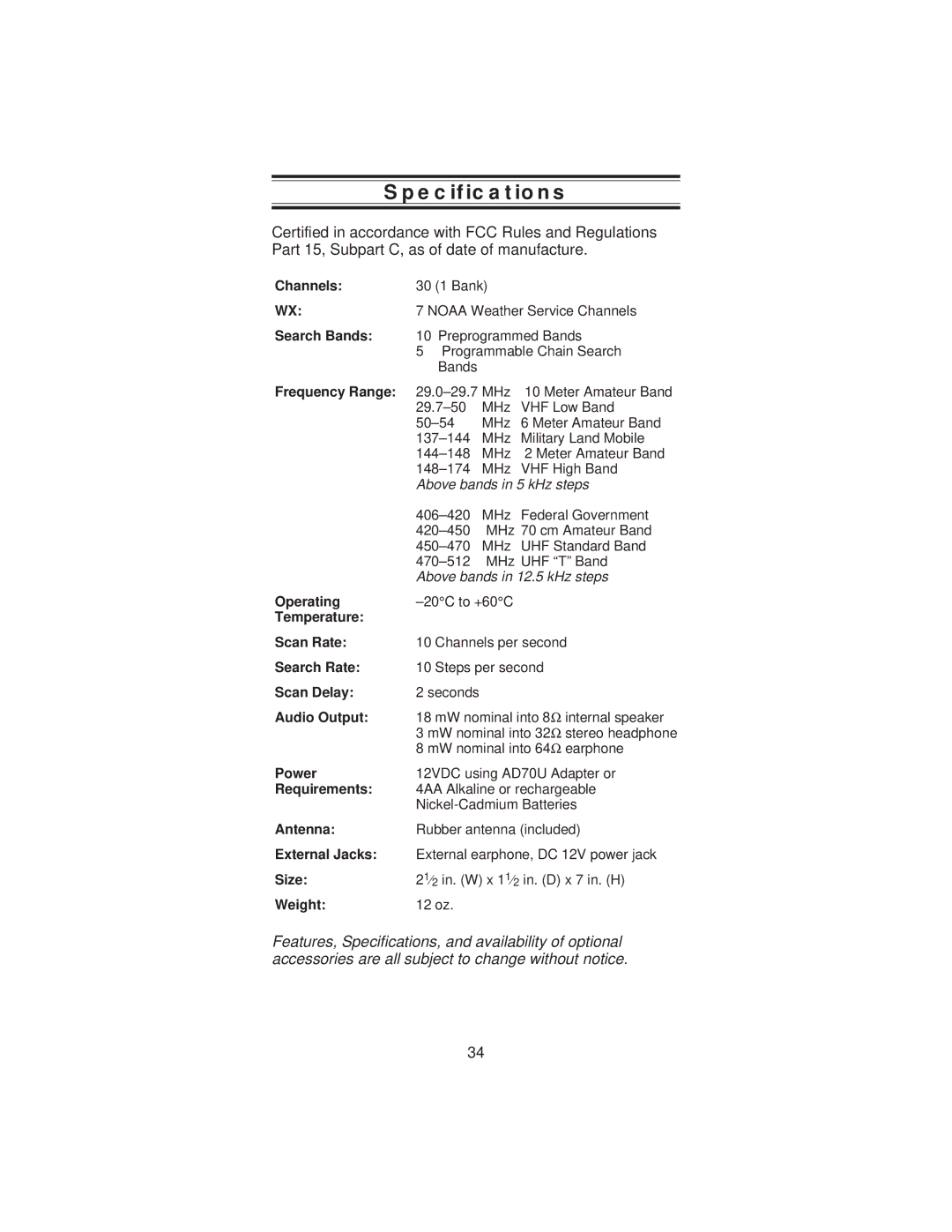 Uniden BC 235XLT specifications Specifications, Frequency Range 