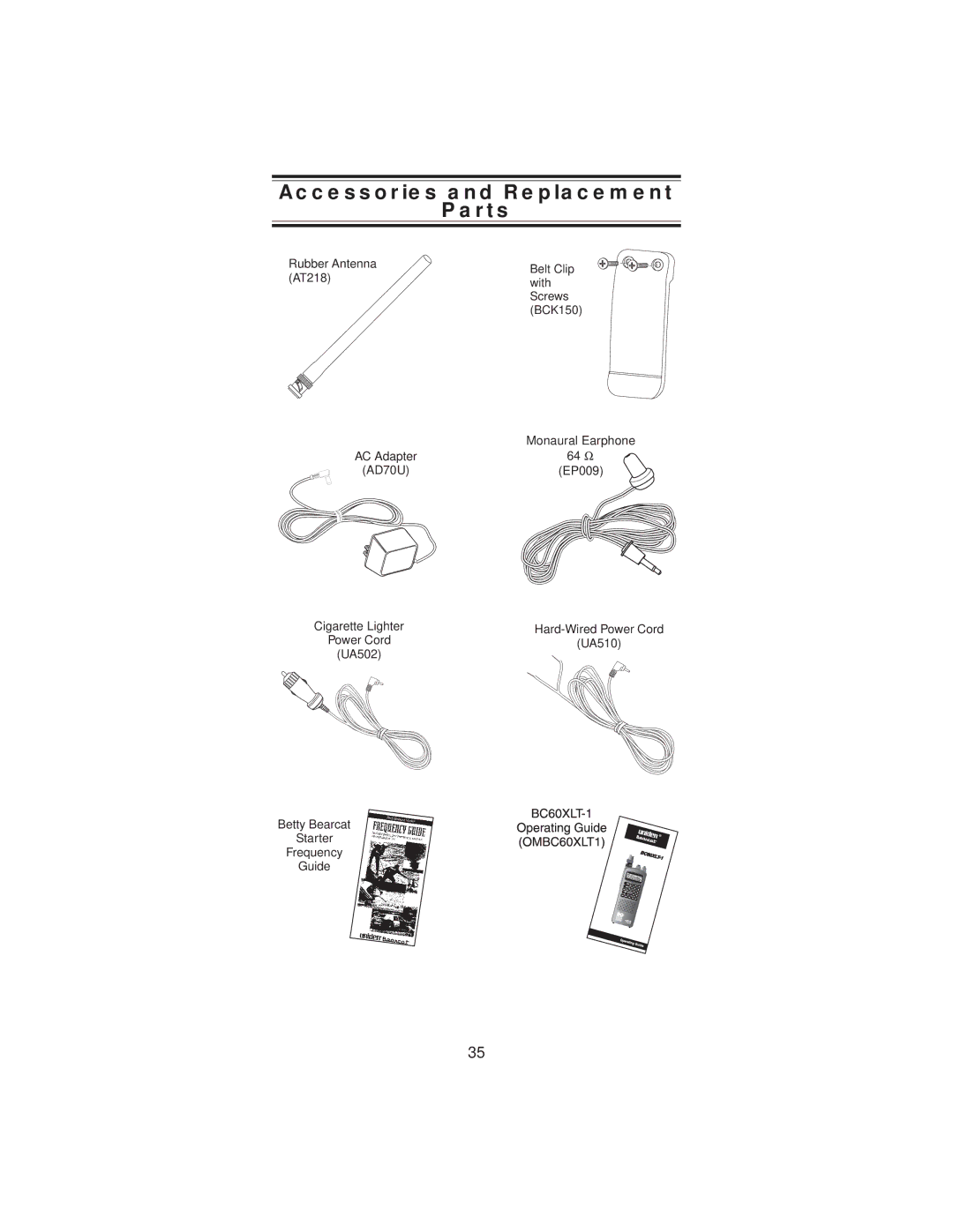 Uniden BC 235XLT specifications Accessories and Replacement Parts 