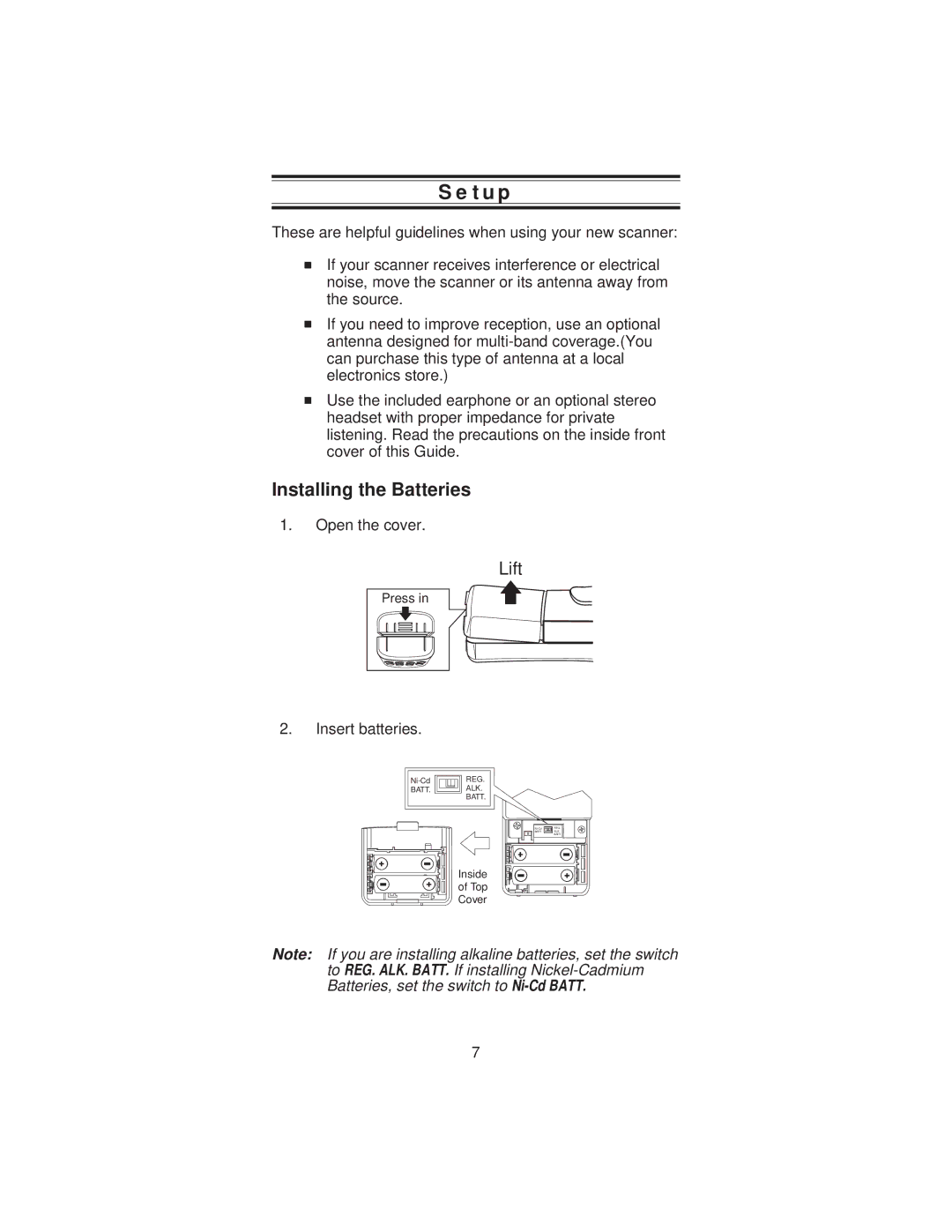 Uniden BC 235XLT specifications Setup, Installing the Batteries 