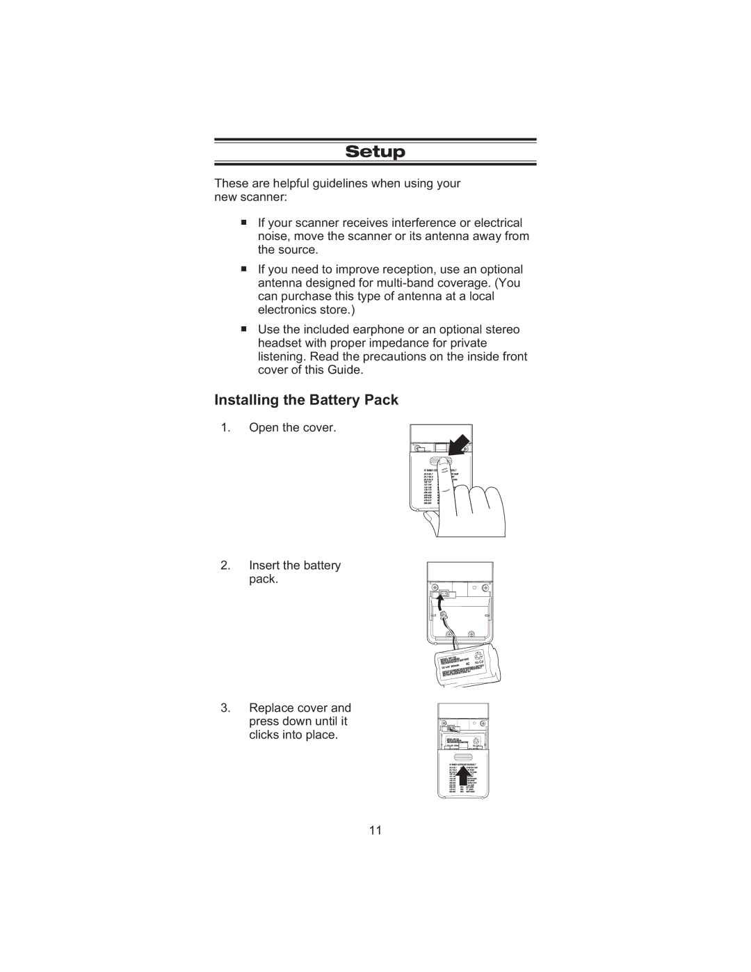 Uniden BC 245XLT manual Setup, Installing the Battery Pack 