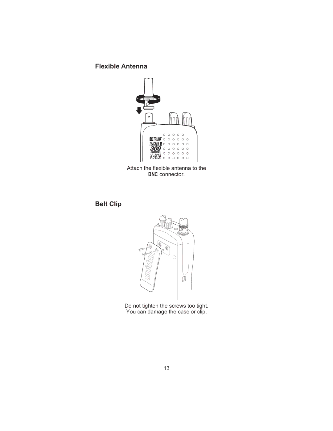 Uniden BC 245XLT manual Flexible Antenna, Belt Clip 