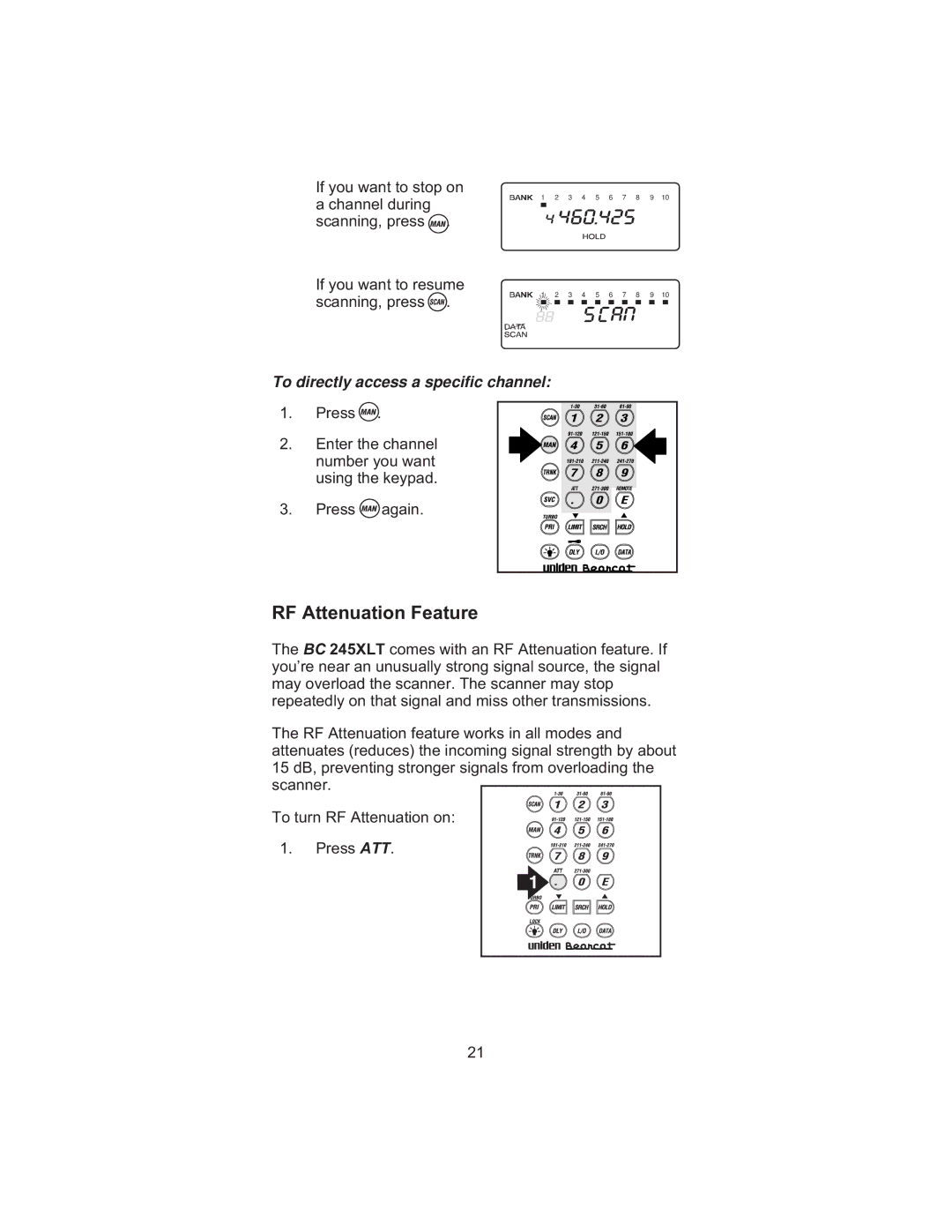 Uniden BC 245XLT manual RF Attenuation Feature 