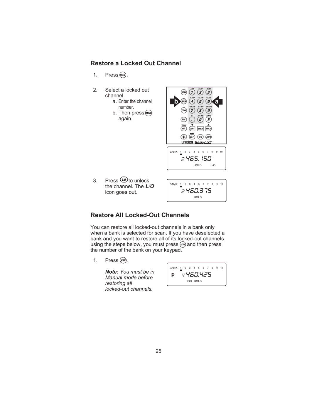 Uniden BC 245XLT manual Restore a Locked Out Channel, Restore All Locked-Out Channels 