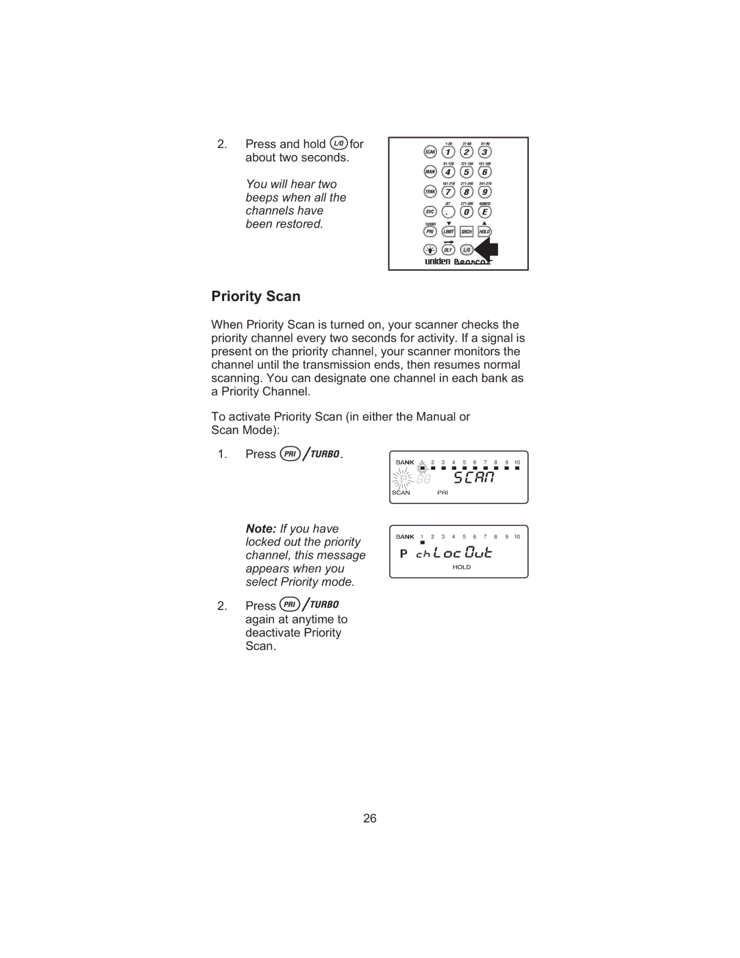 Uniden BC 245XLT manual Priority Scan 