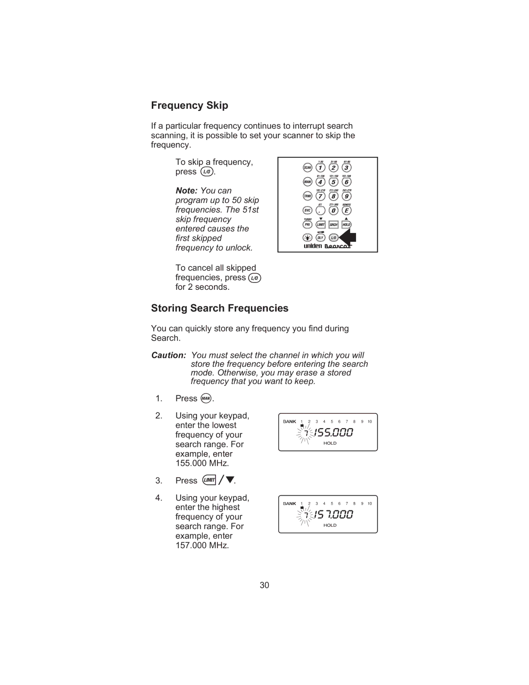 Uniden BC 245XLT manual Frequency Skip, Storing Search Frequencies 