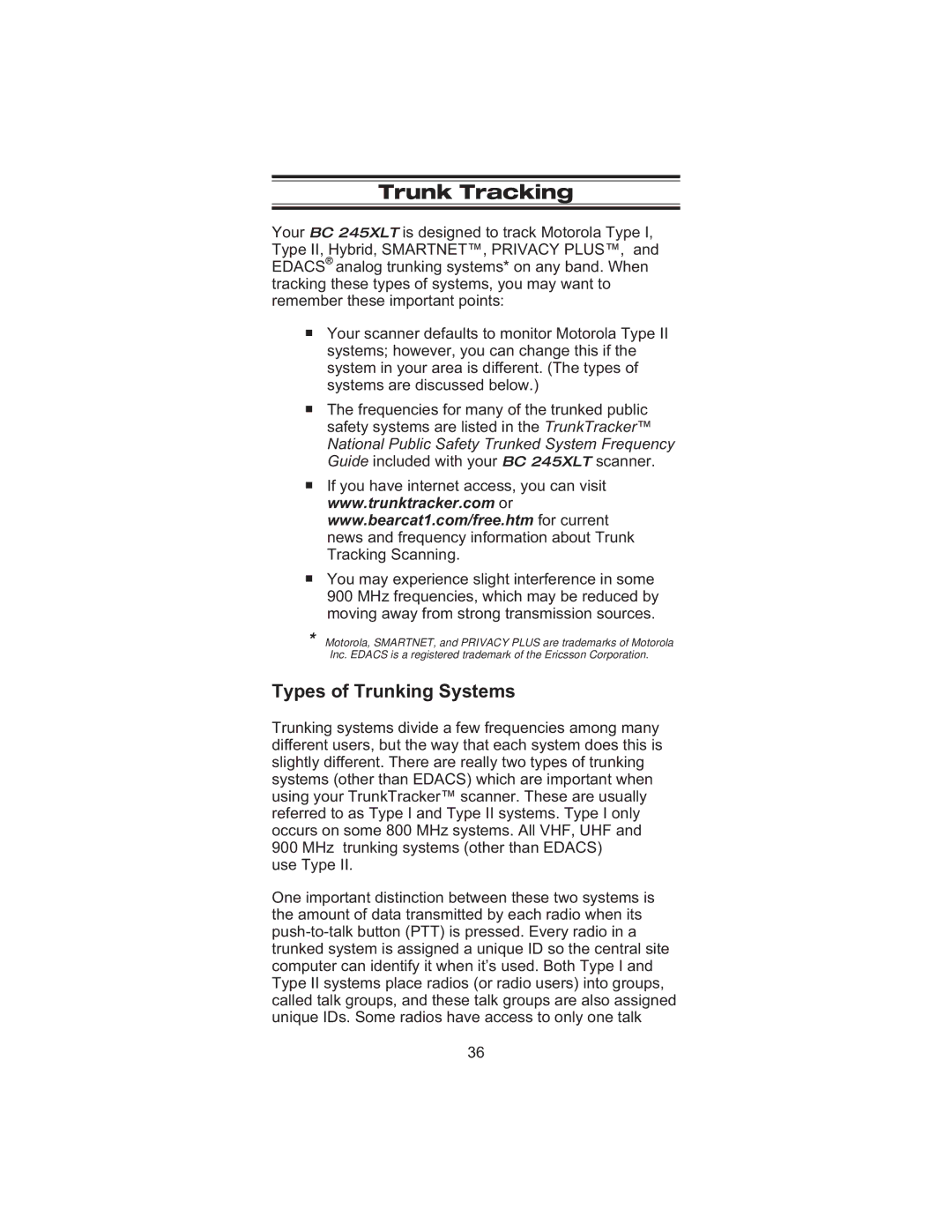 Uniden BC 245XLT manual Trunk Tracking, Types of Trunking Systems 