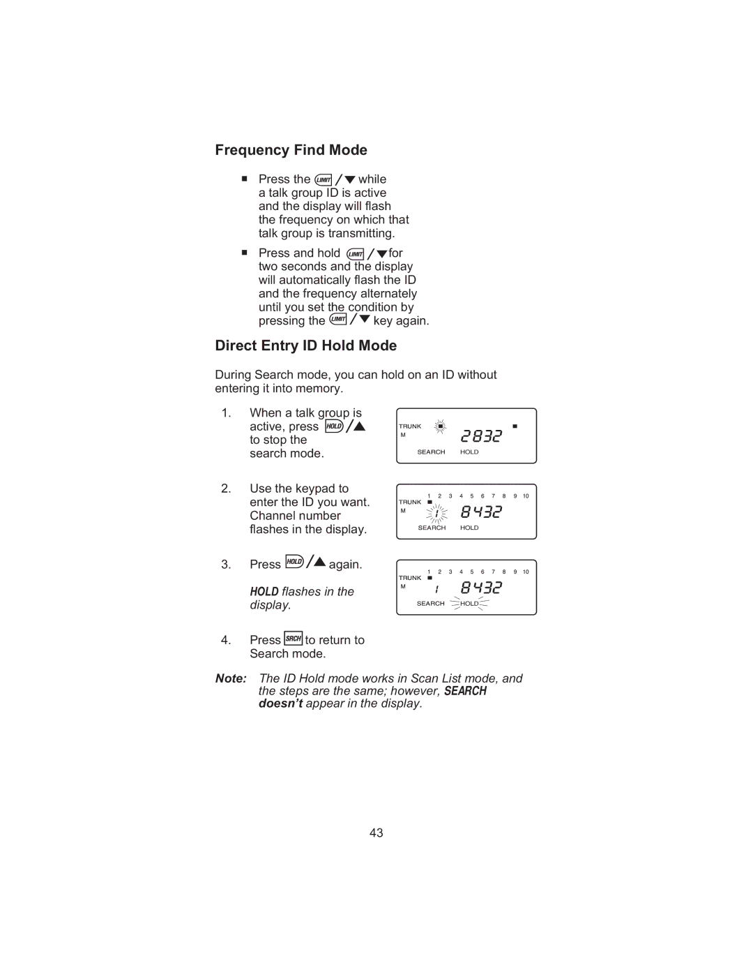 Uniden BC 245XLT manual Frequencyn Find Mode, Direct Entry ID Hold Mode 