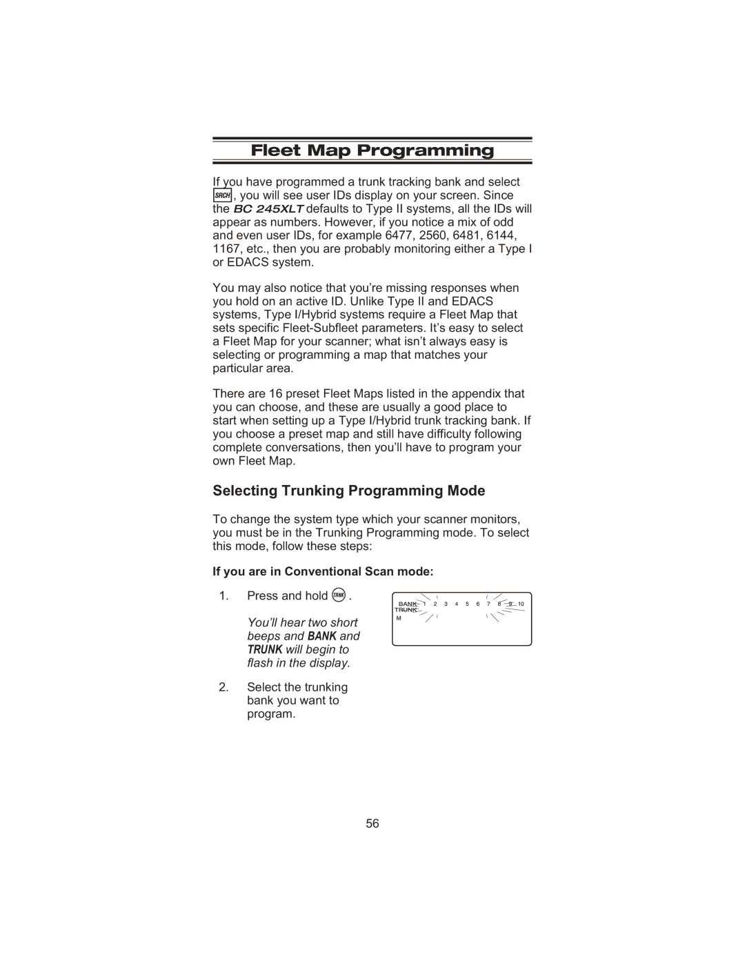 Uniden BC 245XLT manual Fleet Map Programming, Selecting Trunking Programming Mode 