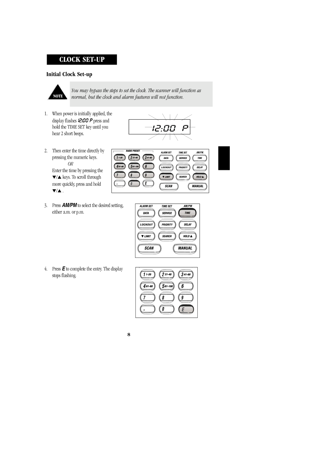 Uniden BC 278CLT manual Clock SET-UP, Initial Clock Set-up 