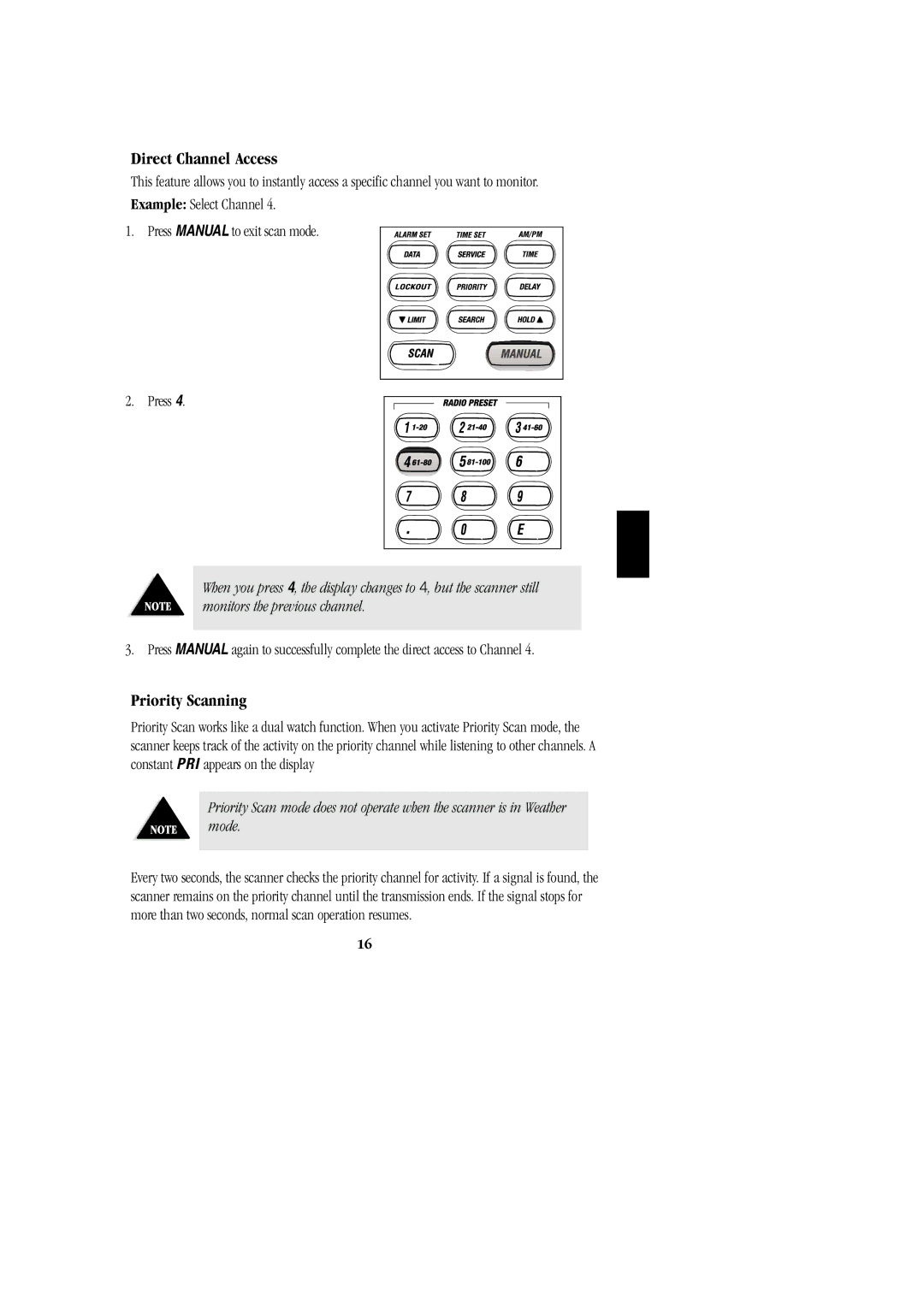 Uniden BC 278CLT manual Direct Channel Access, Priority Scanning 