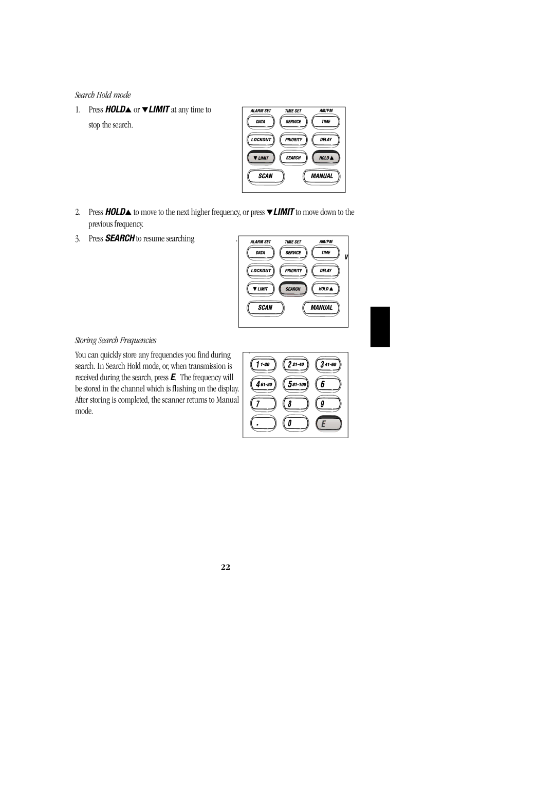 Uniden BC 278CLT manual Search Hold mode, Storing Search Frequencies 