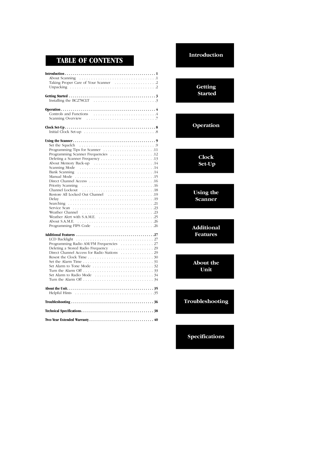 Uniden BC 278CLT manual Table of Contents 