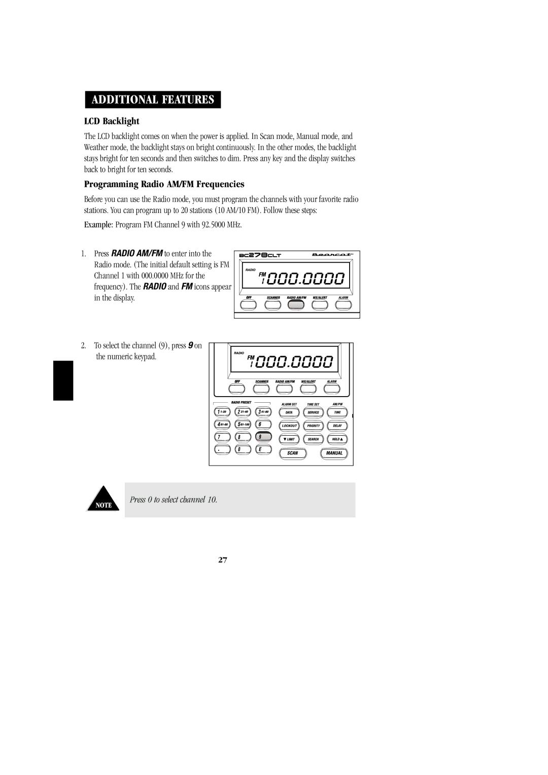 Uniden BC 278CLT manual Additional Features, LCD Backlight, Programming Radio AM/FM Frequencies, Press 0 to select channel 