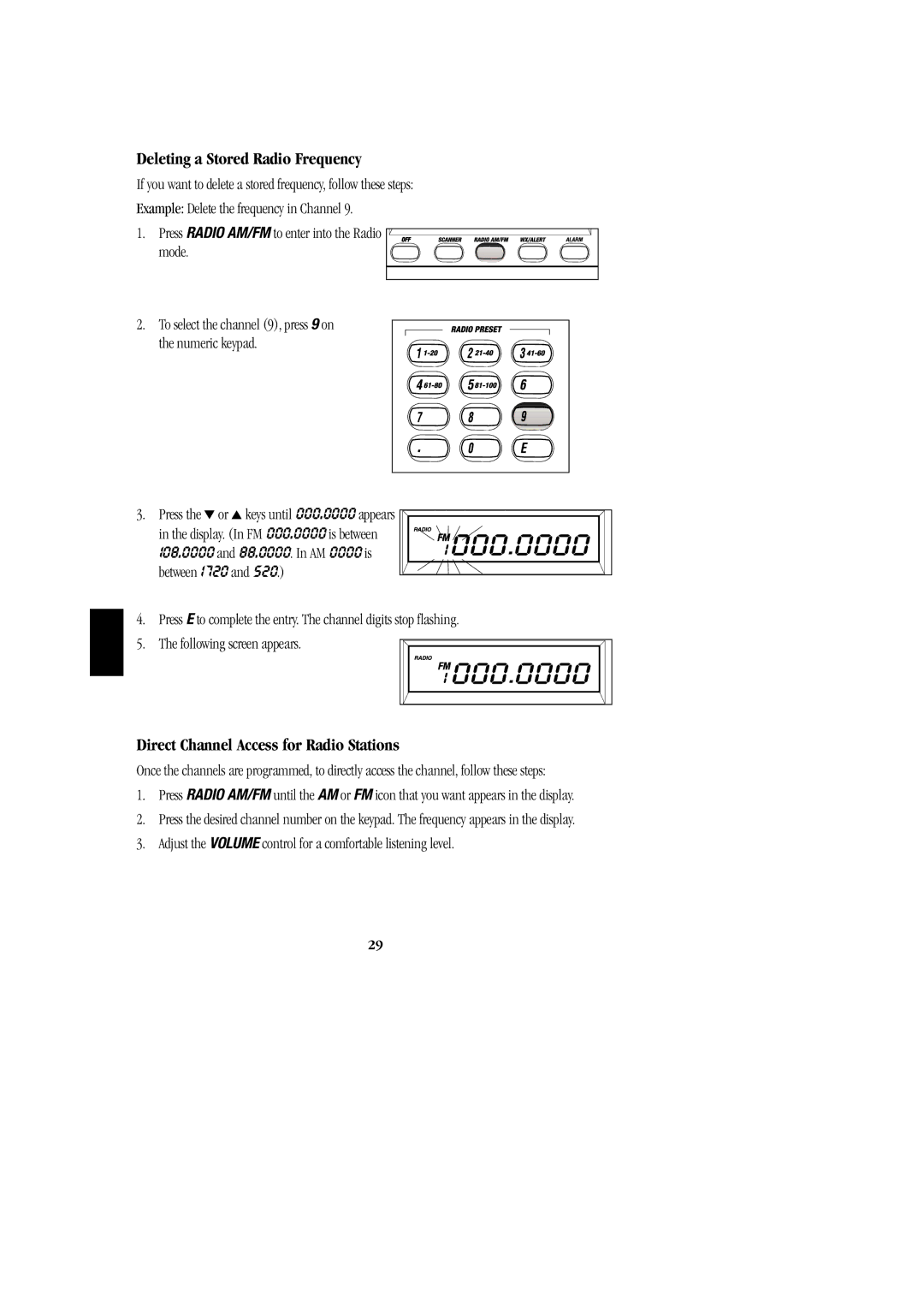 Uniden BC 278CLT manual Deleting a Stored Radio Frequency, Direct Channel Access for Radio Stations 