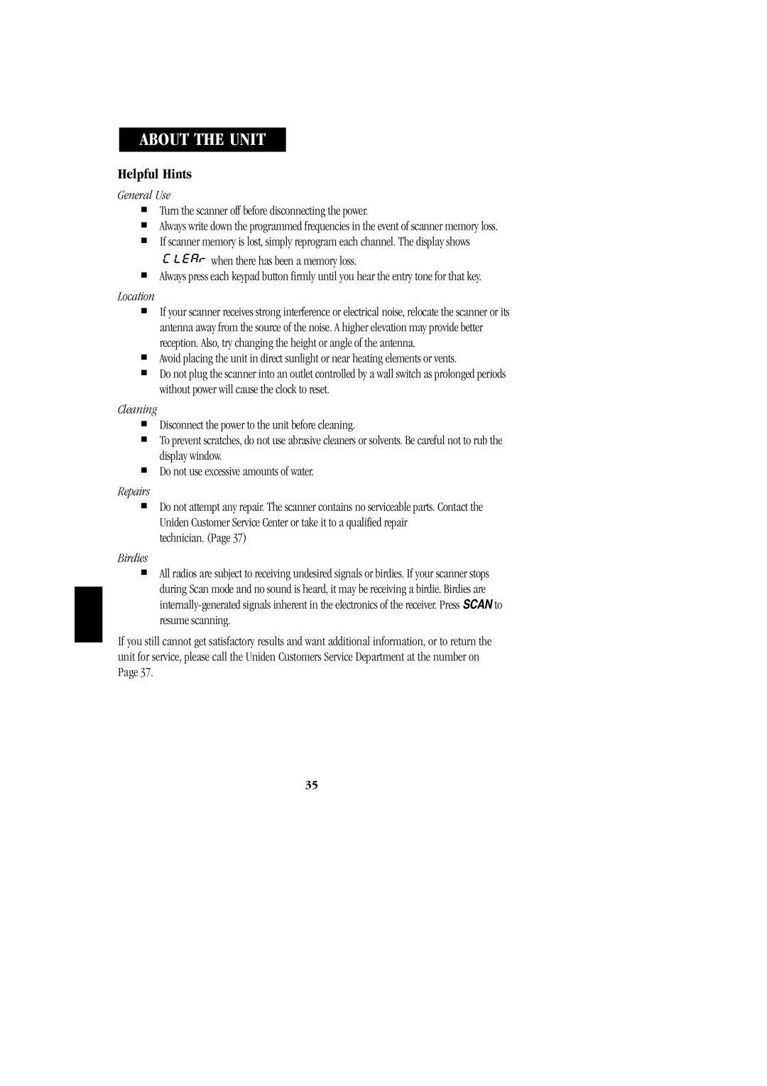 Uniden BC 278CLT manual About the Unit, Helpful Hints 