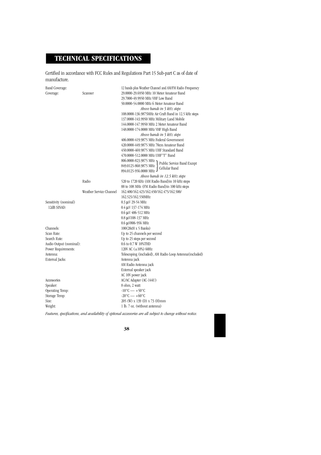 Uniden BC 278CLT manual Technical Specifications, Above bands in 5 kHz steps 