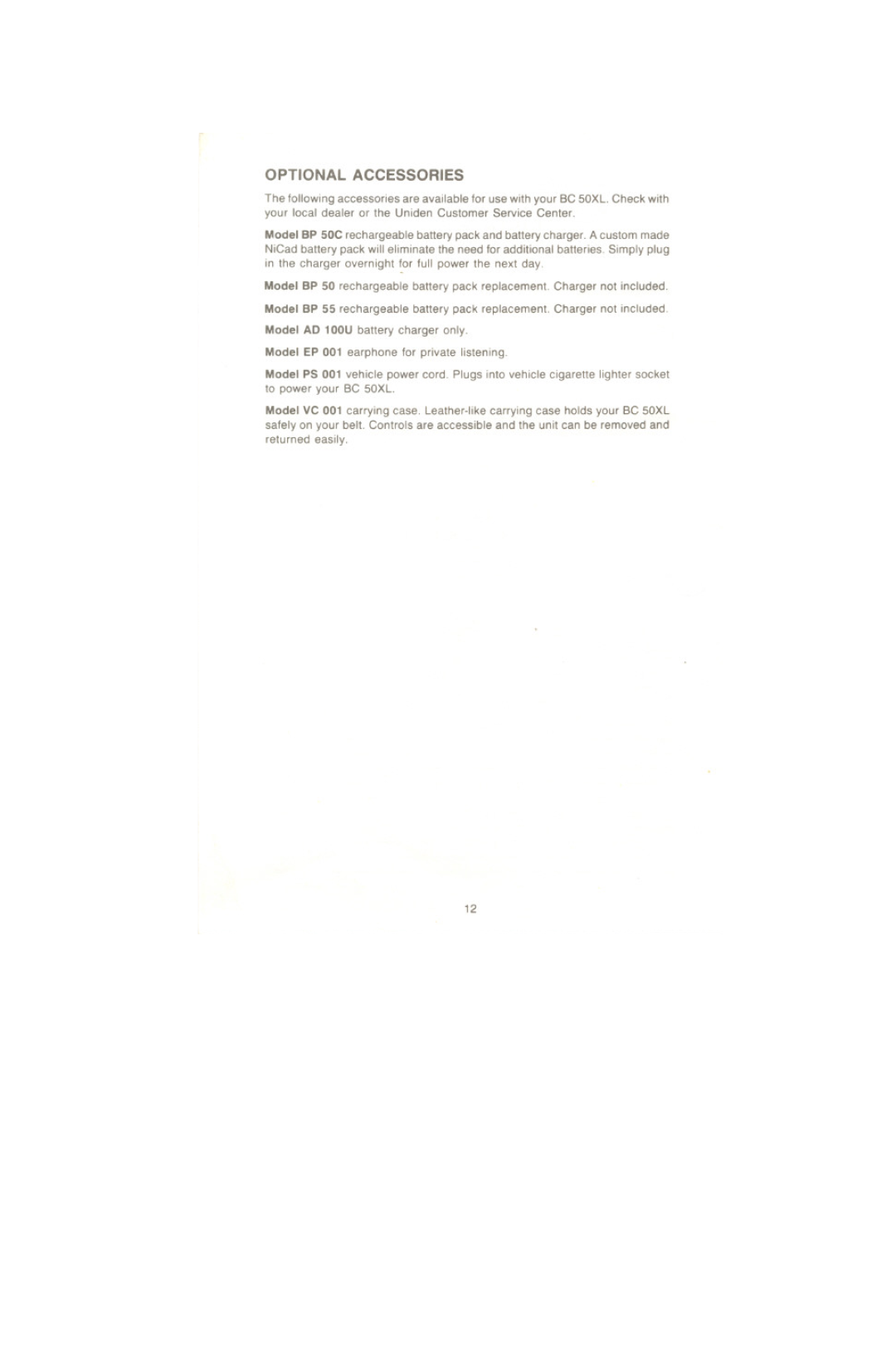 Uniden BC 50XL manual Optional Accessories 