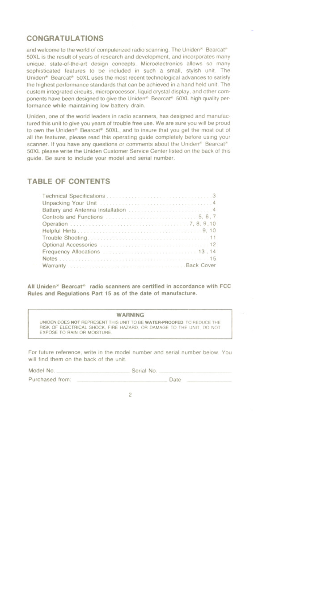Uniden BC 50XL manual Table Of Contents, Congratulations 