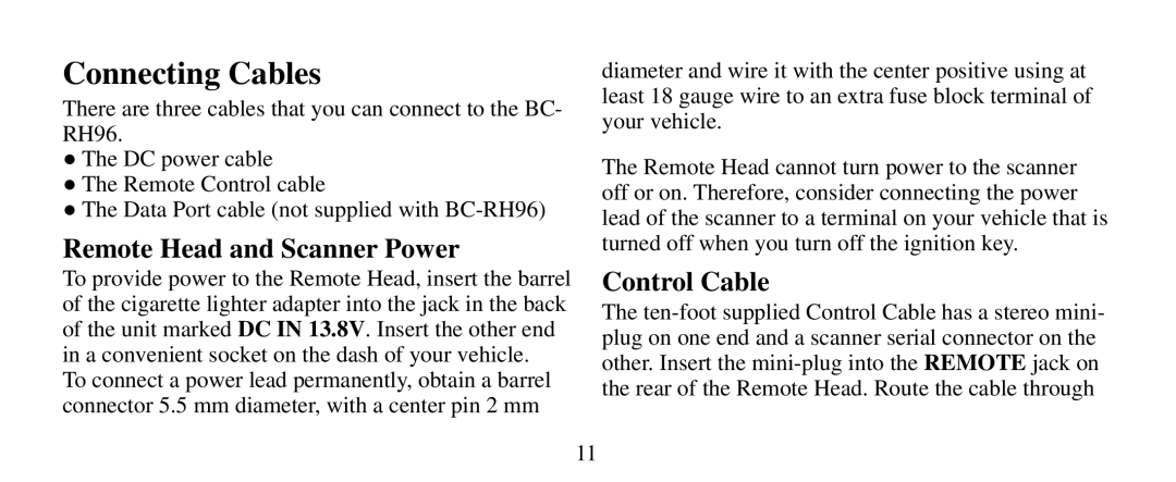 Uniden BC-RH96 manual Connecting Cables, Remote Head and Scanner Power, Control Cable 