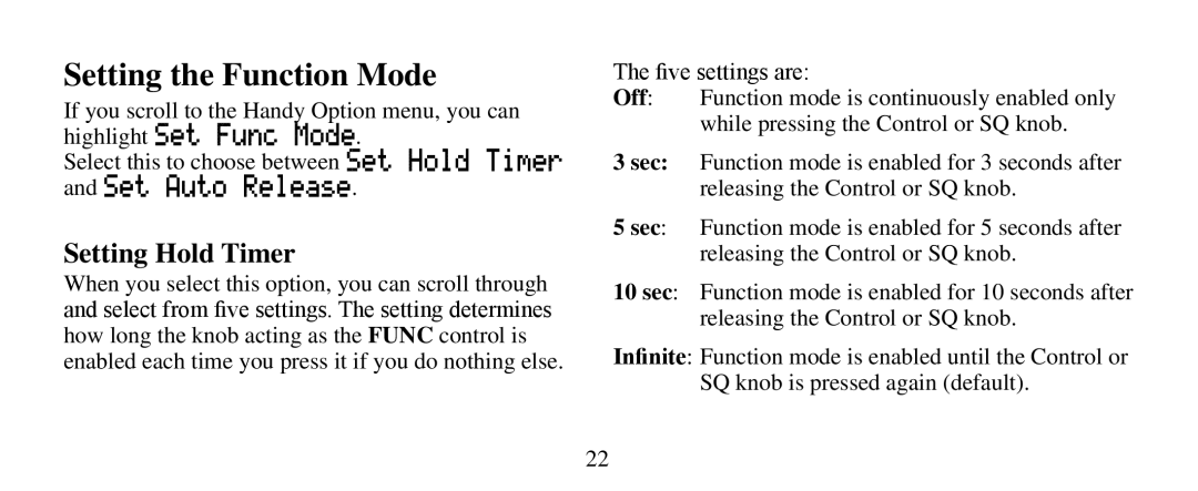 Uniden BC-RH96 manual Setting the Function Mode, Setting Hold Timer 