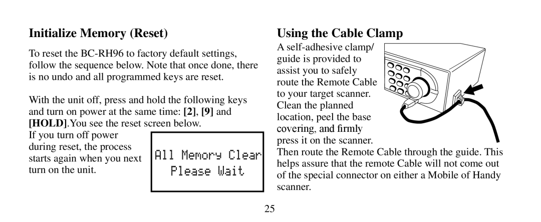 Uniden BC-RH96 manual Initialize Memory Reset 