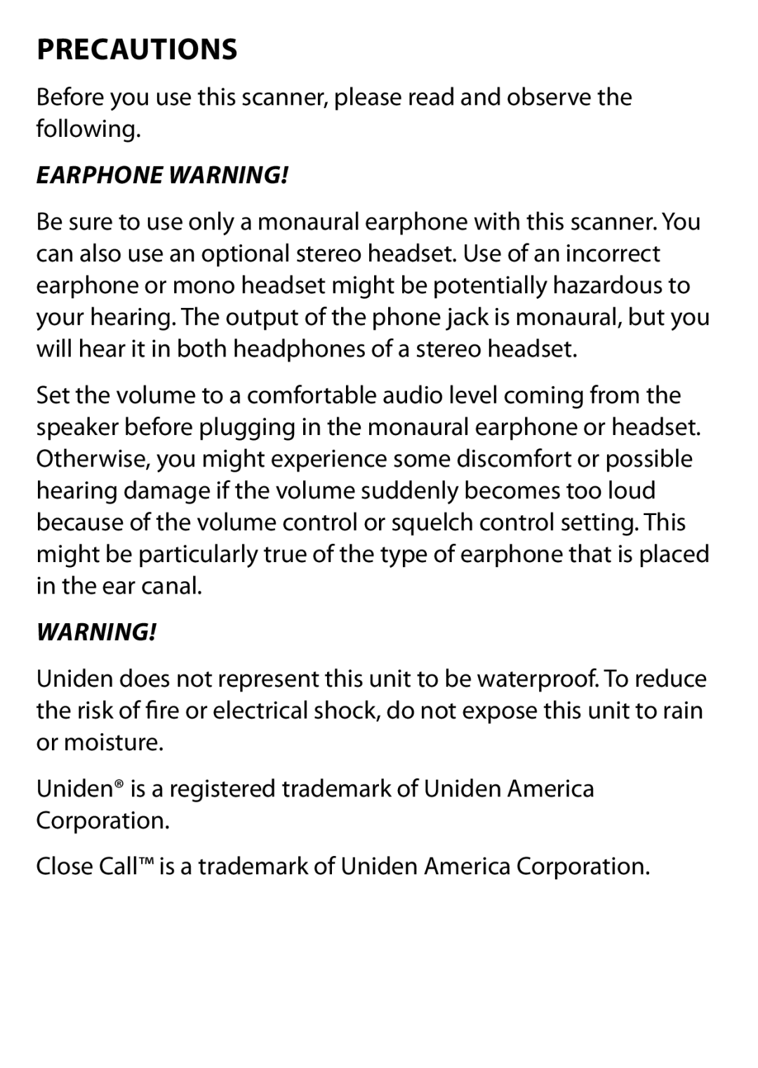 Uniden BC125AT owner manual Precautions, Earphone Warning 