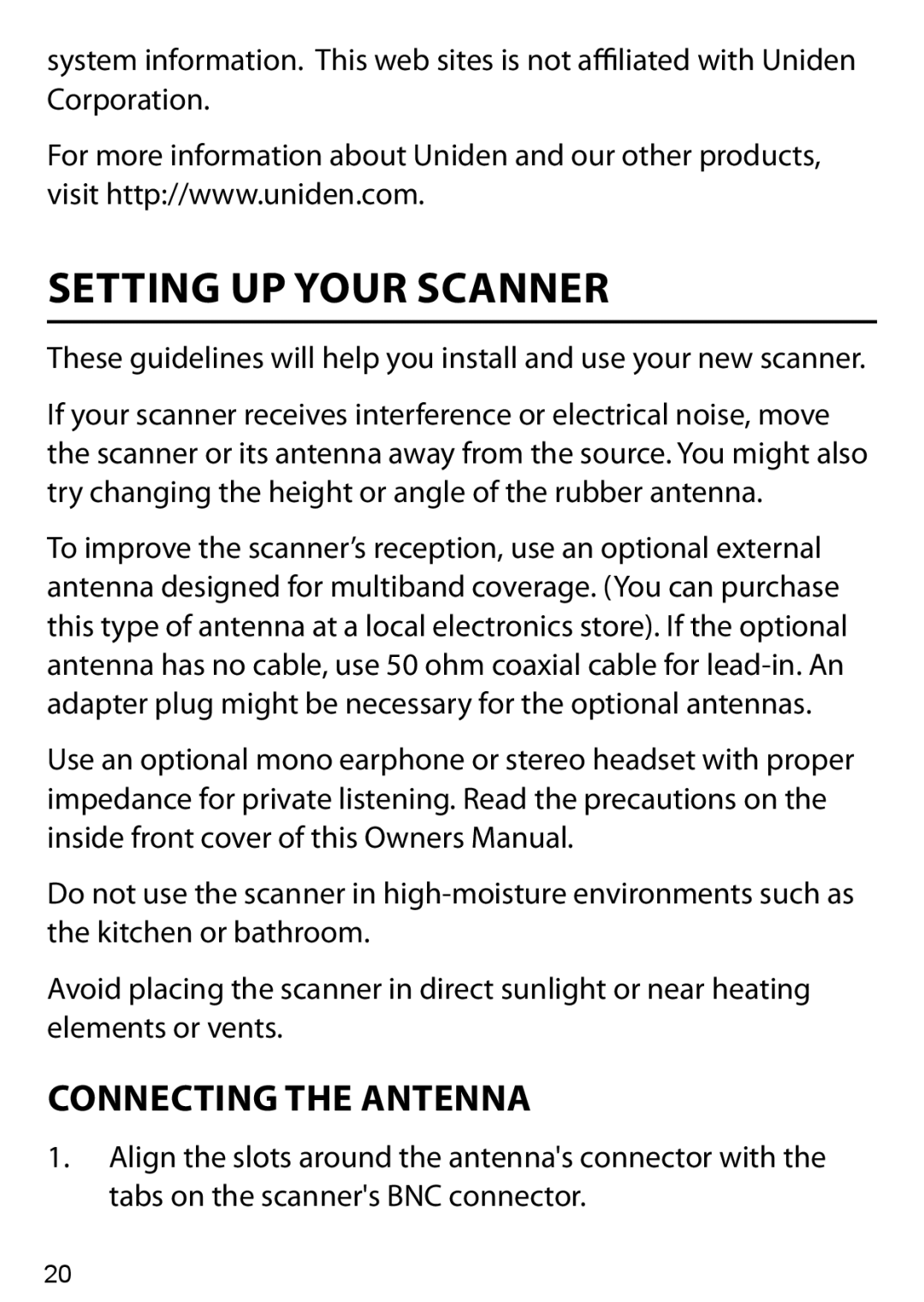 Uniden BC125AT owner manual Setting UP Your Scanner, Connecting the Antenna 