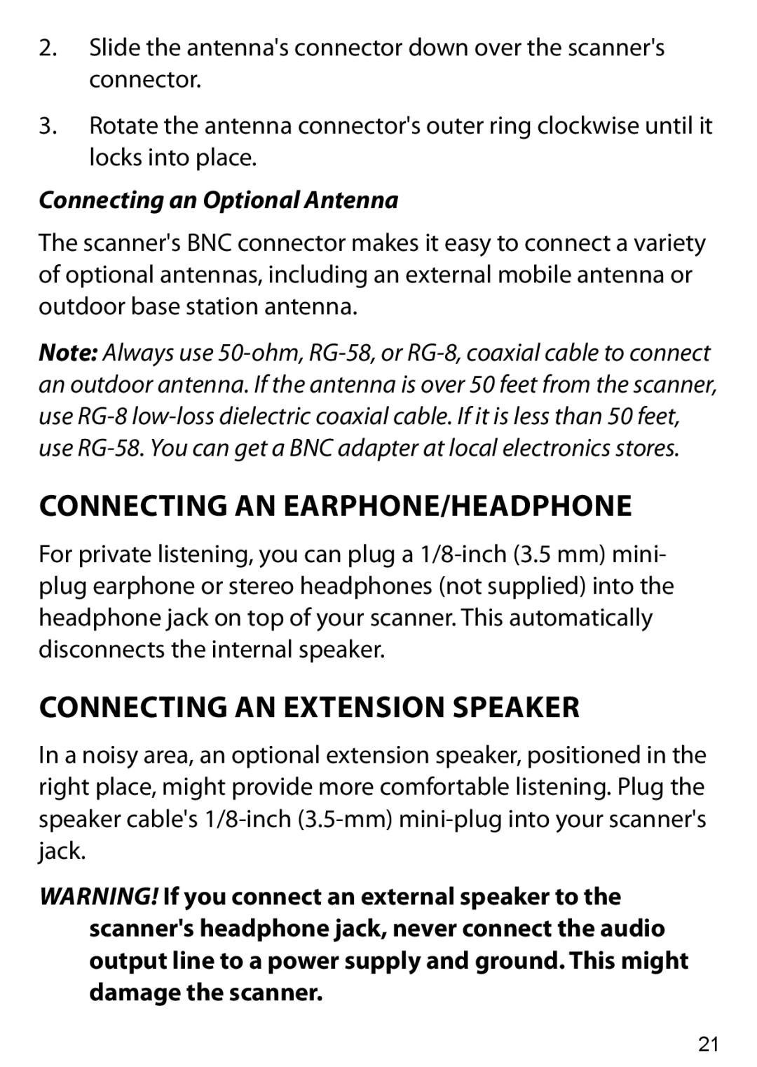 Uniden BC125AT Connecting an Earphone/Headphone, Connecting an Extension Speaker, Connecting an Optional Antenna 