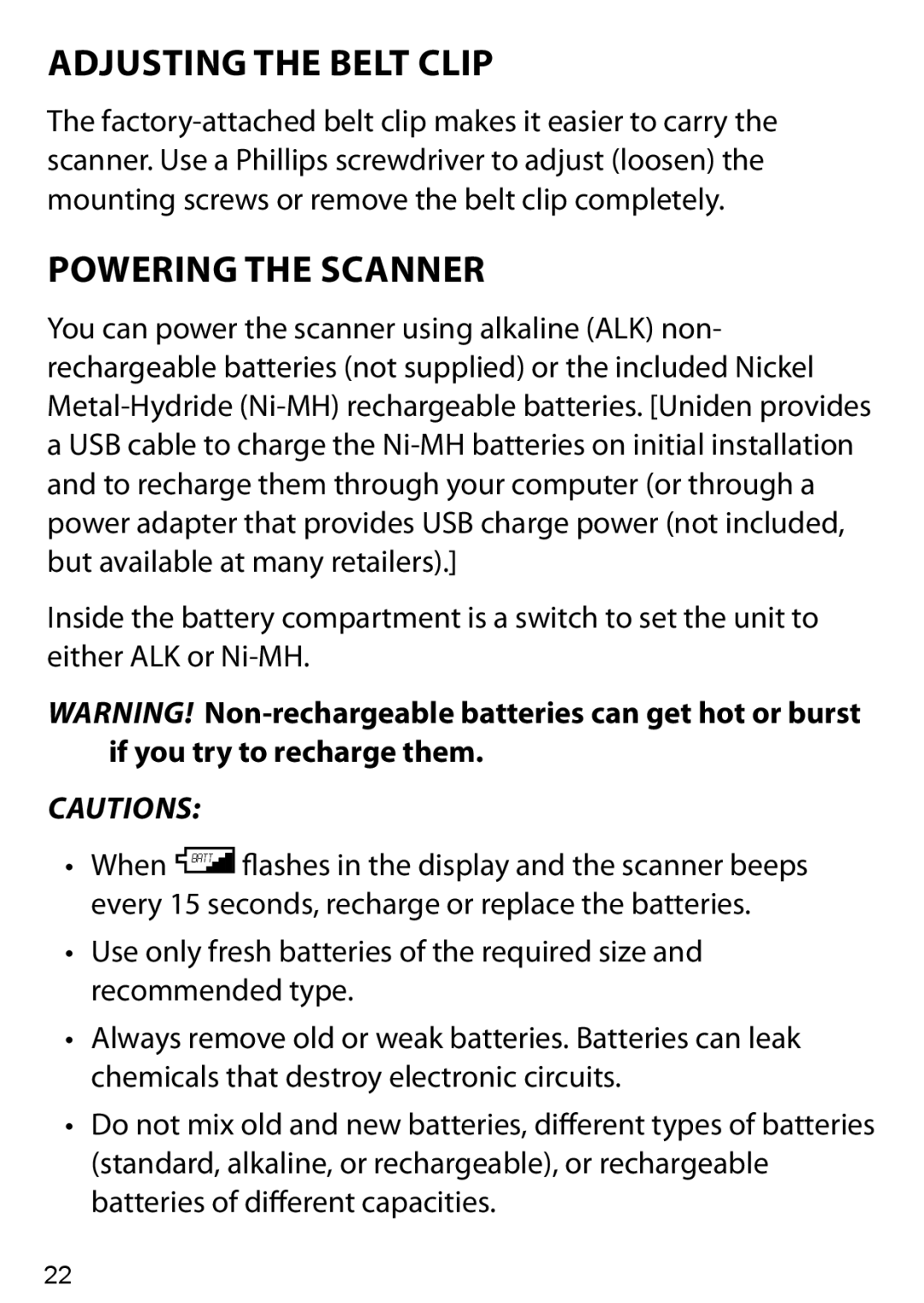 Uniden BC125AT owner manual Adjusting the Belt Clip, Powering the Scanner 