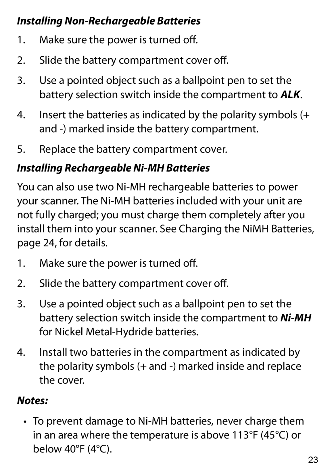 Uniden BC125AT owner manual Installing Non-Rechargeable Batteries, Installing Rechargeable Ni-MH Batteries 