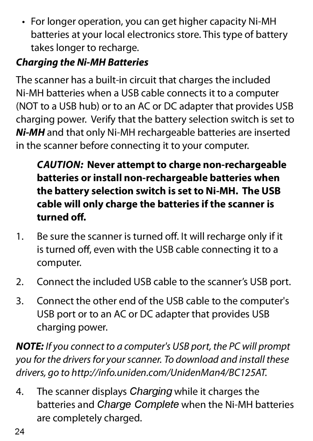 Uniden BC125AT owner manual Charging the Ni-MH Batteries 