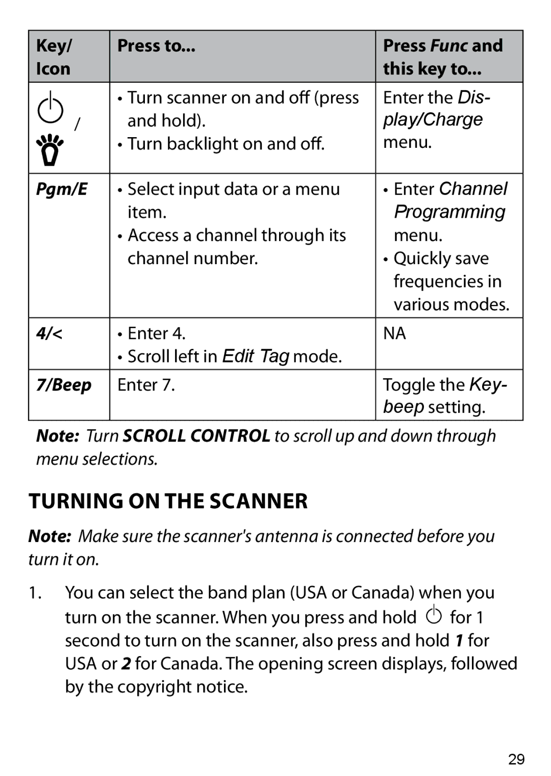 Uniden BC125AT owner manual Turning On the Scanner, Play/Charge, Pgm/E, Programming, Beep 