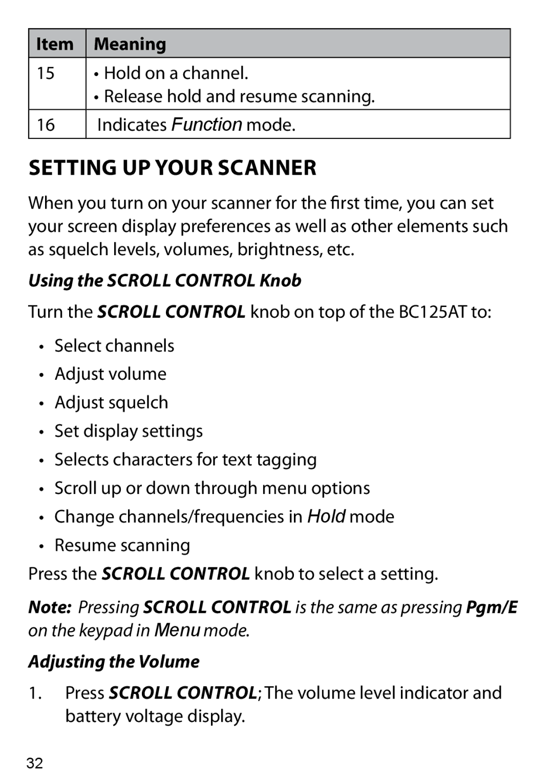 Uniden BC125AT owner manual Setting Up Your Scanner, Using the Scroll Control Knob, Adjusting the Volume 