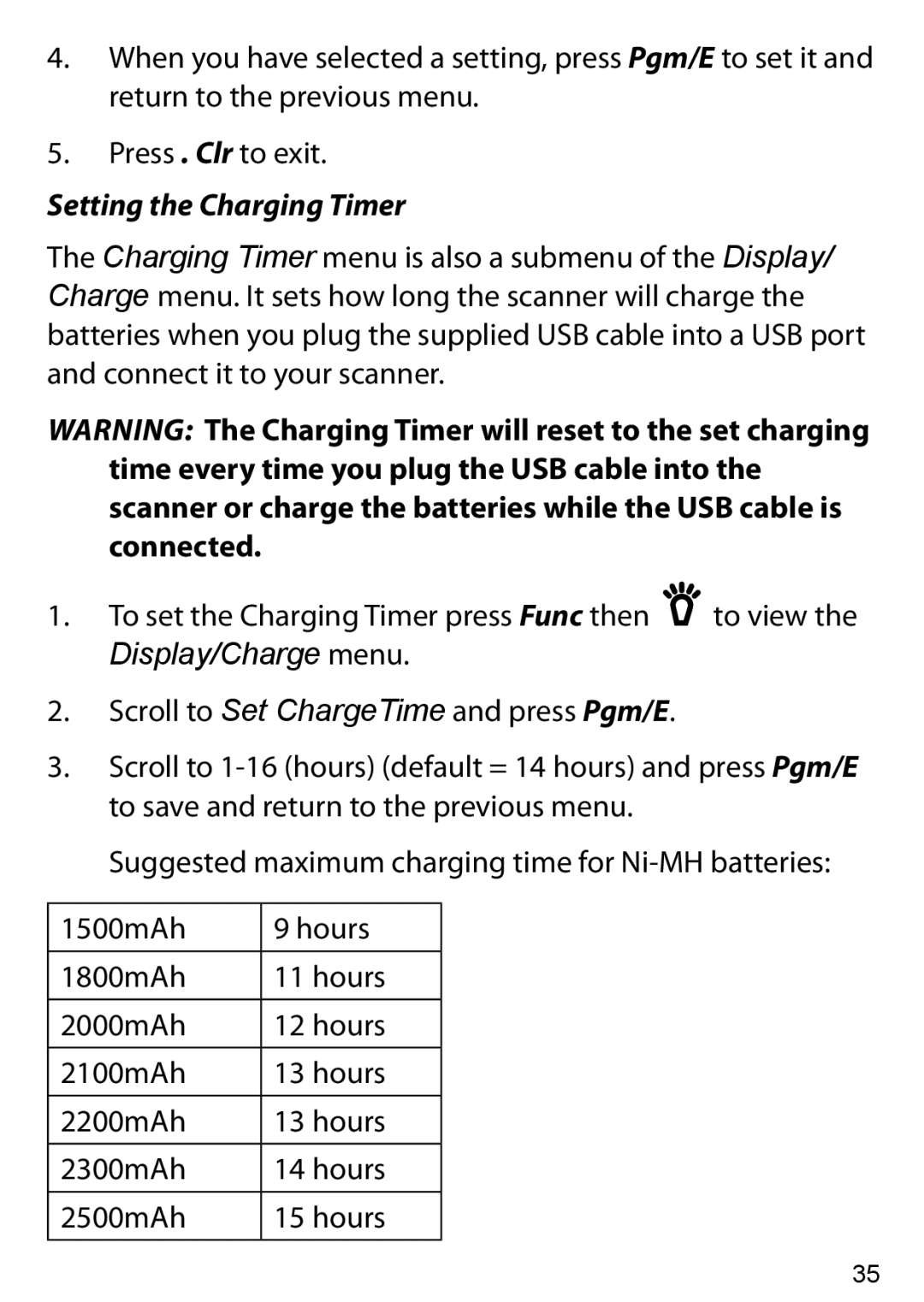 Uniden BC125AT owner manual Setting the Charging Timer, Display/Charge menu 